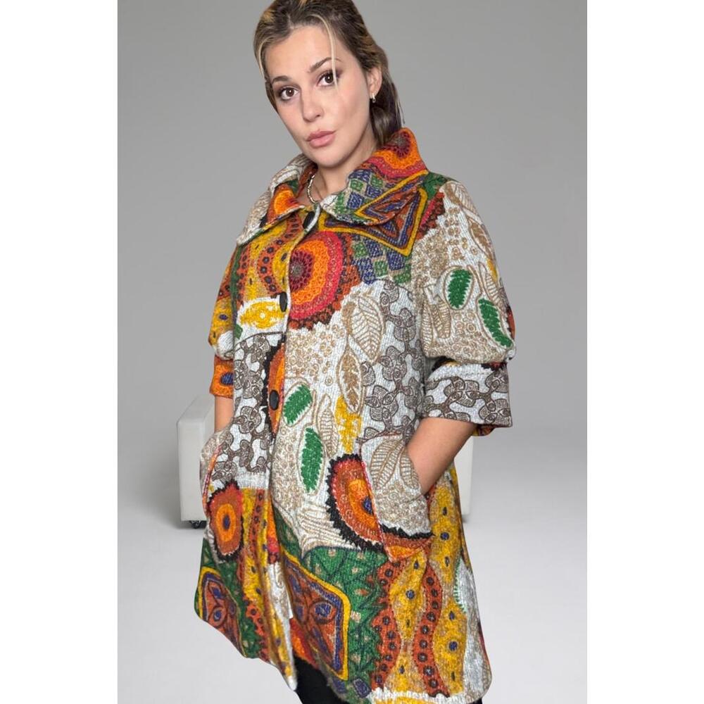 Vintage Multicolour Patterned Wool Coat - mini dress with collar funky size M